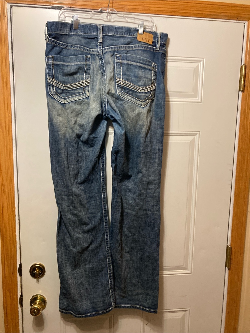BKE Men's Light Blue Bootcut Jeans with Contrast Stitching 38